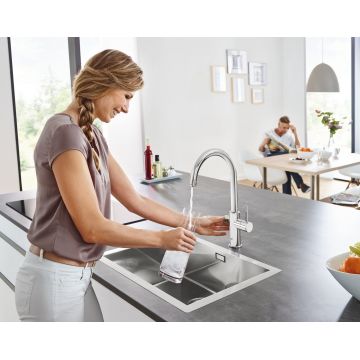 Baterie bucatarie Grohe Blue Home, monocomanda, sistem de filtrare apa, racire apa si apa carbogazoasa, 3 nivele mineralizare, cartus ceramic, pipa tip C, pivotanta 150, Crom-31455001