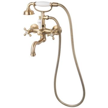 Baterie cada dubla comanda FDesign Lacrima cu para si furtun dus, bronz periat