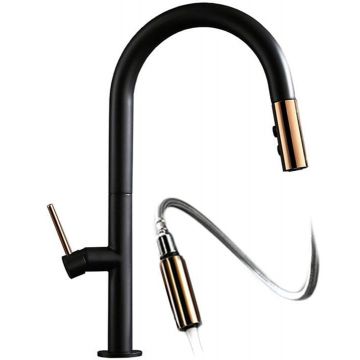 Baterie bucatarie cu dus extractibil Rea Apollo negru - rose gold