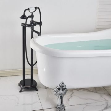 Baterie podea retro, negru mat cu bronz pe margine, 2 functii de curgere, cod 1532