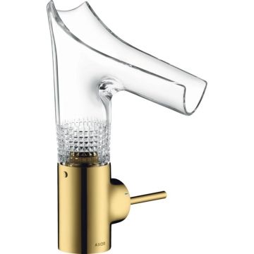 Baterie lavoar baie auriu lucios sticla transparenta cu ventil inclus Hansgrohe Axor Starck V 140 Diamond Cut