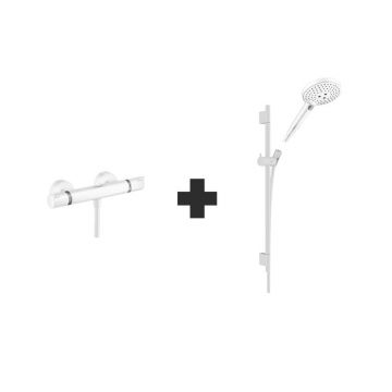 Set baterie de dus, Hansgrohe, Ecostat Comfort, cu para, bara si furtun, alb mat