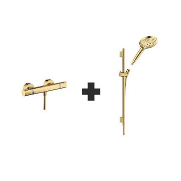 Set baterie de dus, Hansgrohe, Ecostat Comfort, cu para, bara si furtun, auriu lucios