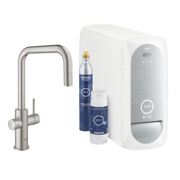 Baterie bucatarie Grohe Blue Home Duo cu dus extractibil  pipa U  sistem filtrare  racire si carbonatare  starter kit  supersteel