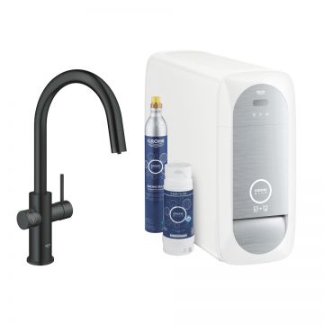 Baterie bucatarie Grohe Blue Home Duo cu dus extractibil  pipa C  sistem filtrare  racire si carbonatare  starter kit  velvet black