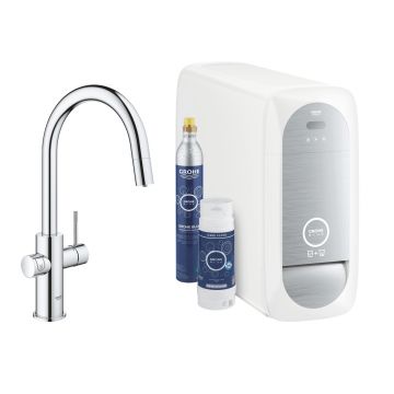 Baterie bucatarie Grohe Blue Home Duo cu dus extractibil  pipa C  sistem filtrare  racire si carbonatare  starter kit  crom