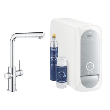 Baterie bucatarie Grohe Blue Home Duo cu dus extractibil  pipa L  sistem filtrare  racire si carbonatare  starter kit  crom