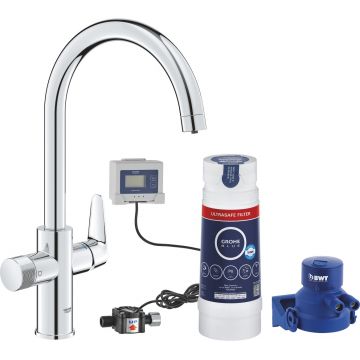 Baterie bucatarie Grohe Blue Pure BauCurve cu sistem filtrare Ultrasafe  starter kit  crom