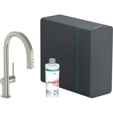 Baterie bucatarie Hansgrohe Aqittura M91 cu pipa extractibila  sistem de filtrare SodaSystem 210  inox