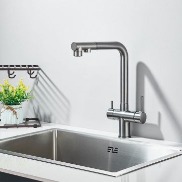 Baterie bucatarie cu 3 cai pentru filtru de purificare, argintiu periat, cod 1664