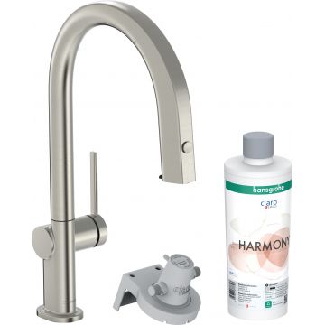 Baterie bucatarie Hansgrohe Aqittura M91 210 cu 3 cai si sistem filtrare  dus extractibil 1 jet si sBox  inox optic