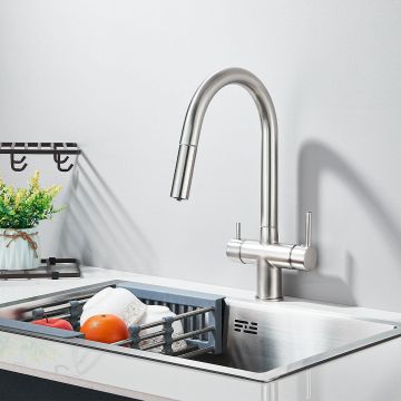Baterie cu filtru de purificare si dus extractibil, argintiu mat, cod 1677
