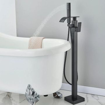 Baterie freestanding cu cadru patrat si efect de cascada, negru mat, cod 1561