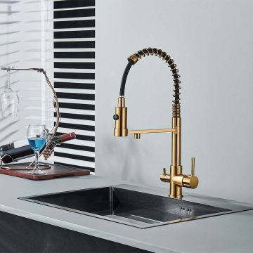 Baterie profesionala de bucatarie, cu dus flexibil, pipa pentru apa filtrata, auriu periat, cod 1658