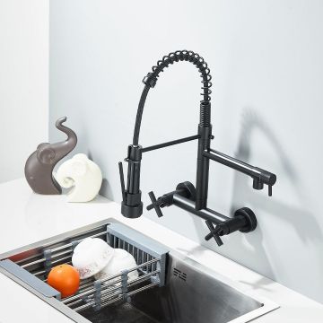 Baterie profesionala de bucatarie, cu dus flexibil, pipa pentru apa filtrata, negru mat, cod 1660