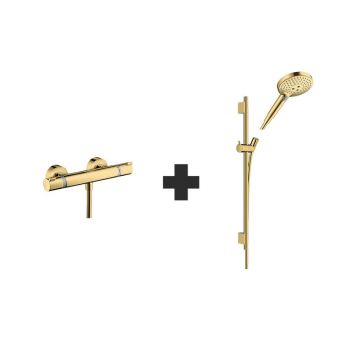 Set baterie de dus, Hansgrohe, Ecostat Comfort, cu para, bara si furtun, auriu lucios