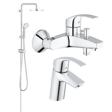 Pachet Coloana dus Grohe 200,crom,montare pe perete , baterie cada/dus Eurosmart, baterie lavoar Grohe Eurosmart S  ( 27389002 , 33300002 , 33265002 )