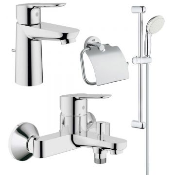Pachet complet baterii baie Grohe Bau Edge marimea S(23328000,23334000,27853001), suport hartie igienica Essentials (40367001)