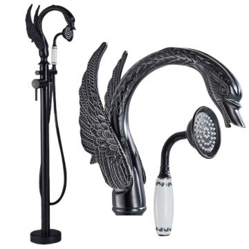 Baterie Baie Independenta BisDesign  Pentru Cada, Material Premium, Montaj podea, Model Lebada, Tip freestanding, Cadru Rotund, Finisaj Negru Mat,