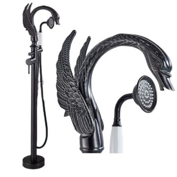 Baterie Baie Independenta BisDesign  Pentru Cada, Material Premium, Montaj podea, Model Lebada, Tip freestanding, Cadru Rotund, Finisaj Negru