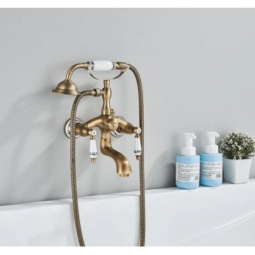 Baterie baie, Montaj Perete, Culoare bronz antichizat, Cu inele ceramice albe