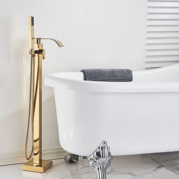 Baterie Baie pentru Cada BisDesign , Montaj Podea, Tip Freestanding, Cadru Patrat, Finisaj Auriu Lucios, Pipa Cascada Lata, Dimensiune 98 cm