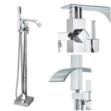 Baterie Baie pentru Cada BisDesign , Montaj Podea, Tip Freestanding, Cadru Patrat, Finisaj Crom Lucios, Pipa Cascada Lata, Dimensiune 98 cm