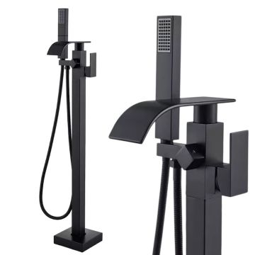 Baterie Baie pentru Cada BisDesign , Montaj Podea, Tip Freestanding, Cadru Patrat, Finisaj Negru Mat, Pipa Cascada Lata, Dimensiune 98 cm