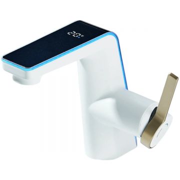 Baterie Chiuveta Baie BisDesign , Banda LED cu Trei Culori, Display Temperatura Apa, Doua Moduri de Curgere, Finisaj Alb Mat cu Auriu, Dimensiune 17cm