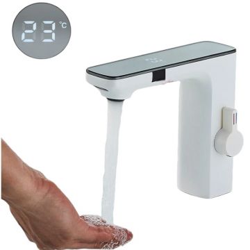 Baterie Chiuveta Baie BisDesign , Material Premium, Display Temperatura Apa, Sticla Oglinda, Doua Moduri de Curgere, Finisaj Alb Mat, Dimensiune 14 cm