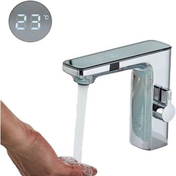 Baterie Chiuveta Baie BisDesign , Material Premium, Display Temperatura Apa, Sticla Oglinda, Doua Moduri de Curgere, Finisaj Crom Lucios, Dimensiune