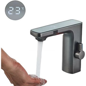 Baterie Chiuveta Baie BisDesign , Material Premium, Display Temperatura Apa, Sticla Oglinda, Doua Moduri de Curgere, Finisaj Gri Grafit, Dimensiune 14