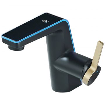 Baterie Chiuveta Baie BisDesign, Negru Mat cu Auriu, LED Tricolor, Display Temperatura, 17cm