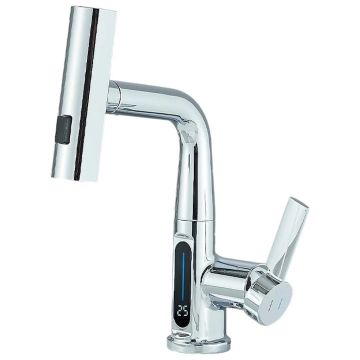 Baterie Chiuveta Baie Bucatarie BisDesign , Senzor Temperatura Apa Dinamic, Dus extractabil Tip Ploaie, 3 Functii de Curge, Finisaj Crom Lucios,