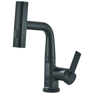 Baterie Chiuveta Baie Bucatarie BisDesign , Senzor Temperatura Apa Dinamic, Dus extractabil Tip Ploaie, 3 Functii de Curge, Finisaj Negru Mat,