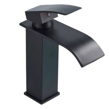 Baterie Chiuveta Baie, Pipa Tip Cascada, Stil Patrat, Finisaj Negru Mat, Dimensiune 19 cm