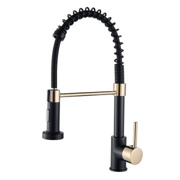 Baterie chiuveta bucatarie, 2 Moduri de curgere cu dus extractabil, Culoare auriu negru mat auriu, Dimensiune 44 cm