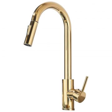 Baterie Chiuveta Bucatarie BisDesign , 2 Moduri de Curgere cu Dus Extractabil, Finisaj Auriu Lucios, Dimensiune 39 cm