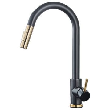 Baterie Chiuveta Bucatarie BisDesign , 2 Moduri de Curgere cu Dus Extractabil, Finisaj Negru Mat Auriu, Dimensiune 39 cm