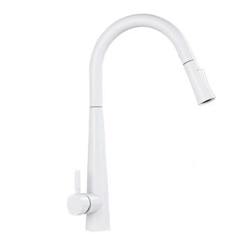 Baterie chiuveta bucatarie, Dus extractabil, 2 Functii de curge, Finisaj Alb Lucios, Dimensiune 47 cm