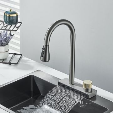 Baterie chiuveta bucatarie, Dus extractabil, 3 Functii de curge si mod Rainfall, Culoare Gri Metalizat, Dimensiune 41 cm