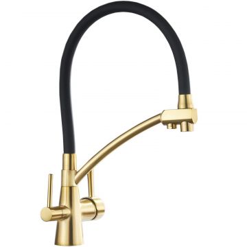 Baterie Chiuveta Bucatarie, Dus maleabil Negru Mat, 2 Functii de curge, Finisaj Auriu Mat, Dimensiune 43 cm