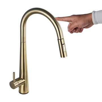 Baterie Chiuveta Bucatarie, Functie Touch Pornire Oprire, Dus extractabil, Finisaj Auriu Mat, 2 Functii de Curgere, Dimensiune 47 cm