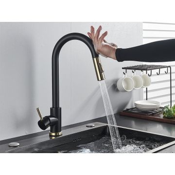 Baterie Chiuveta Bucatarie, Functie Touch Pornire Oprire, Dus extractabil, Negru mat Auriu, 2 functii de curgere, Dimensiune 39 cm