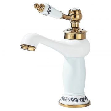 Baterie Chiuveta Lavoar Baie BisDesign , Finisaj Alb Auriu Antichizat, Inele Ceramice, Dimensiune 20 cm