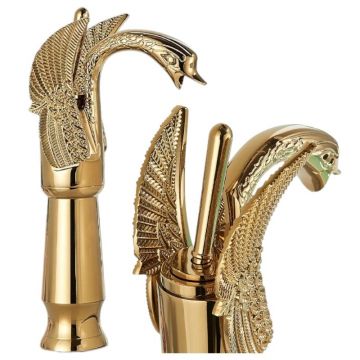 Baterie Chiuveta Lavoar Baie BisDesign , Material Premium, Finisaj Auriu Lucios, Model Lebada, Dimensiune 29 cm