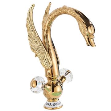 Baterie Chiuveta Lavoar Baie BisDesign , Material Premium, Pipa Lebada Tip Cascada Cu Robineti cu Cristale, Finisaj Auriu Lucios, Dimensiune 33 cm