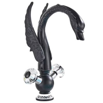 Baterie Chiuveta Lavoar Baie BisDesign , Material Premium, Pipa Lebada Tip Cascada Cu Robineti cu Cristale, Finisaj Negru Mat, Dimensiune 33 cm