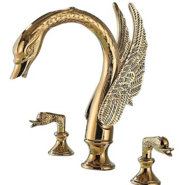 Baterie Chiuveta Lavoar Baie BisDesign , Model Premium, Pipa Model Lebada Gravata Cu Robineti Lebada, Finisaj Auriu Lucios, Dimensiune 27 cm