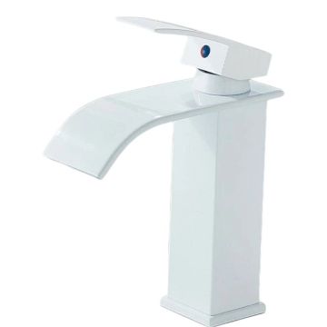 Baterie Chiuveta Lavoar Baie BisDesign , Pipa Tip Cascada, Stil Patrat, Finisaj Alb Mat, Dimensiune 19 cm